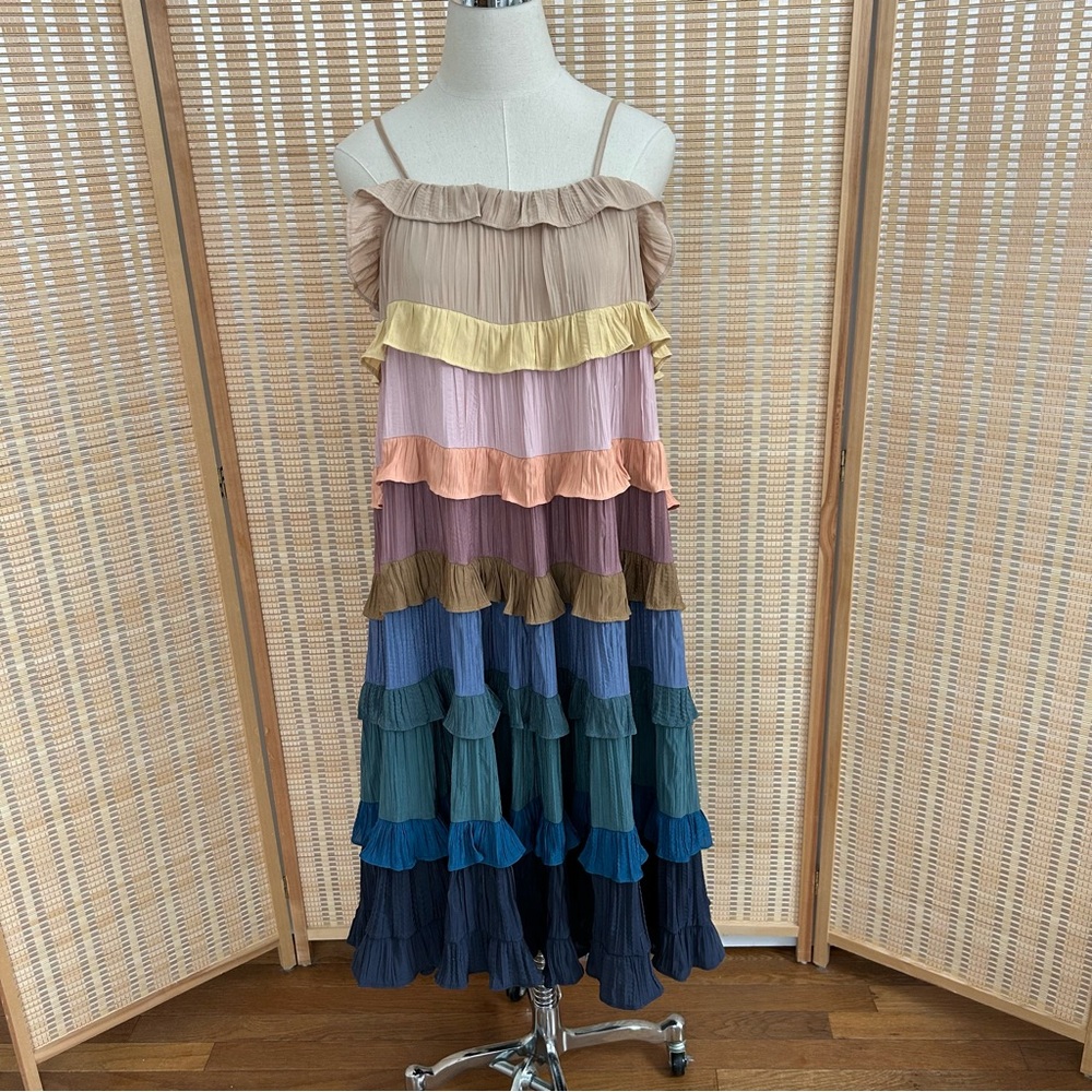 Storia Tiered Ruffle Maxi Dress | Boho Rainbow Pastel | Cottagecore Size Small